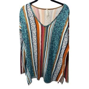 Now N Forever Womens Teal Rust Leopard Stripe V-Neck Long Sleeve Top M